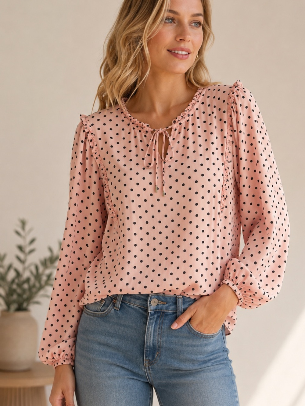 Tommy Hilfiger Blouse M Pink Black Polka Dot Ruffle Tie Neck 100% Viscose